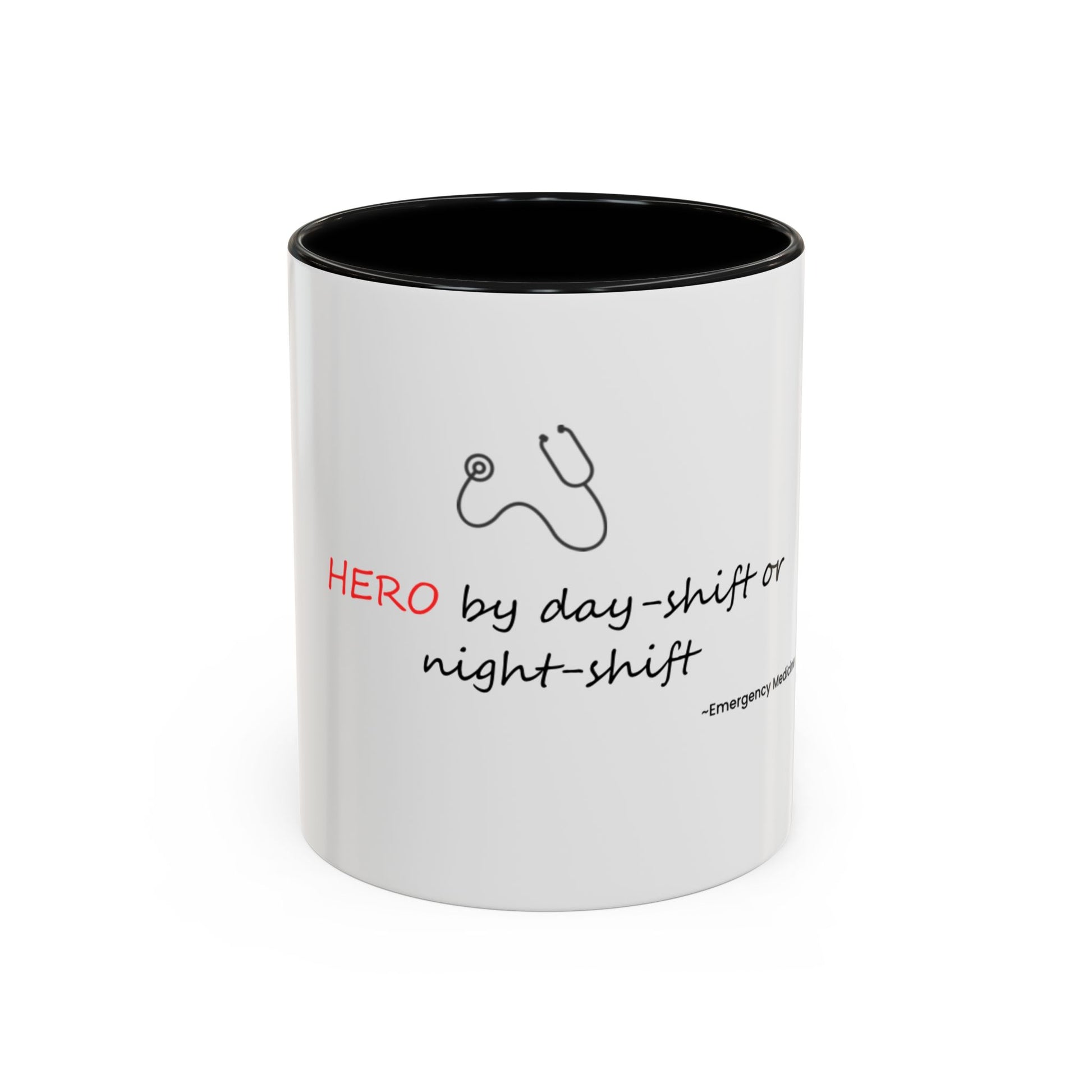 White mug with black interior, featuring a stethoscope graphic and text on a white background