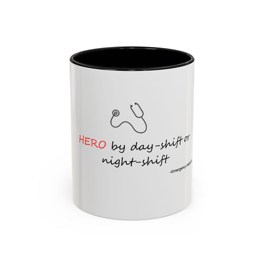 White mug with black interior, featuring a stethoscope graphic and text on a white background