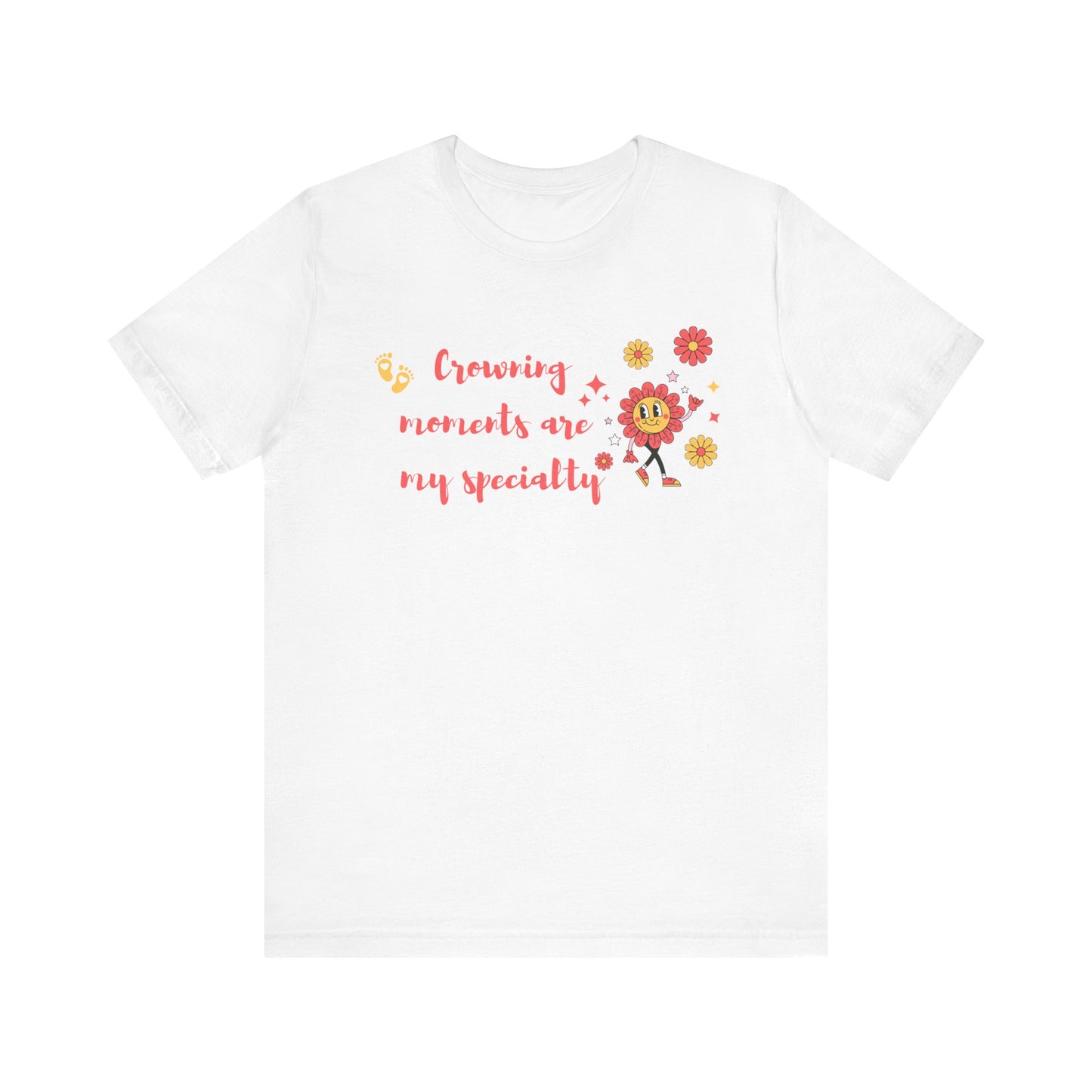 White t-shirt with cartoon character and text on a white background