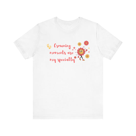 White t-shirt with cartoon character and text on a white background