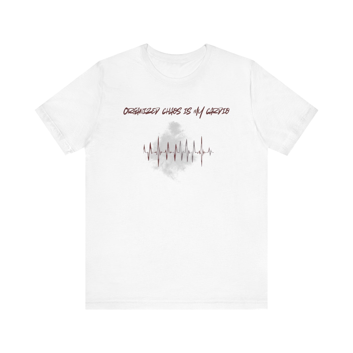 White t-shirt with text and graphic design on a white background