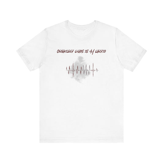 White t-shirt with text and graphic design on a white background