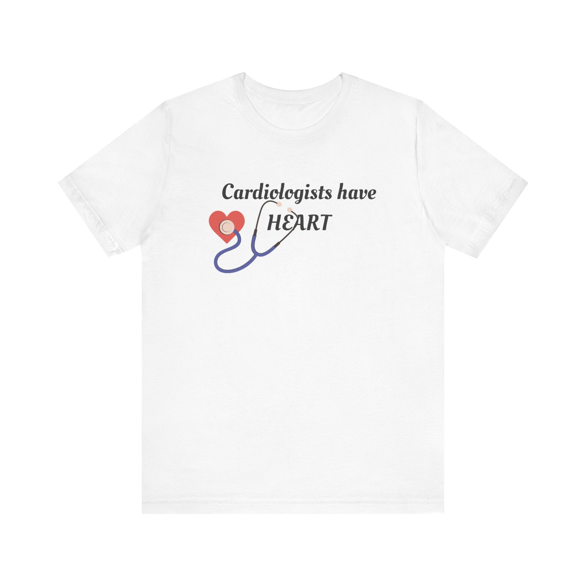 White t-shirt with a graphic and text 'Cardiologists have HEART' on a white background