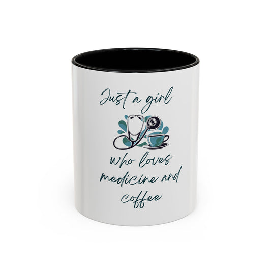 White mug with black interior, featuring text and a logo on a white background