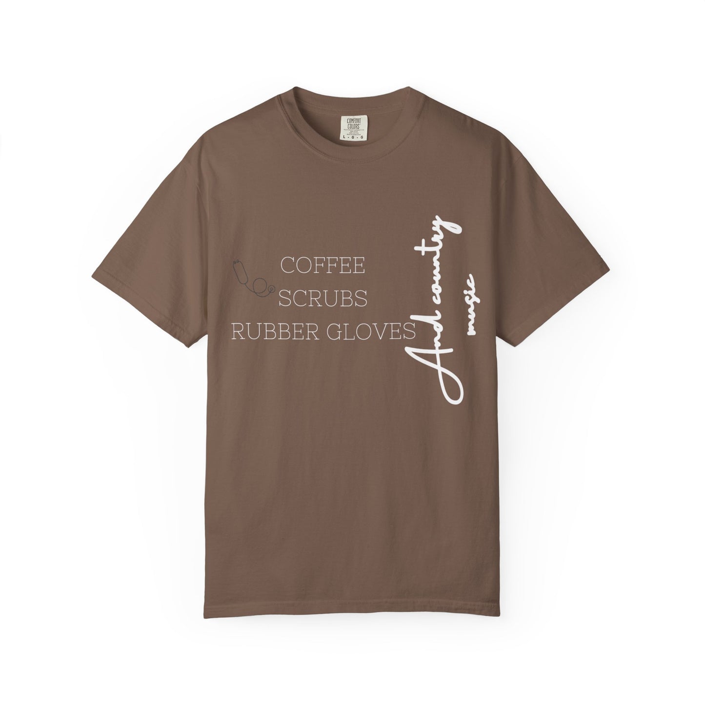 Brown t-shirt with white text on a white background