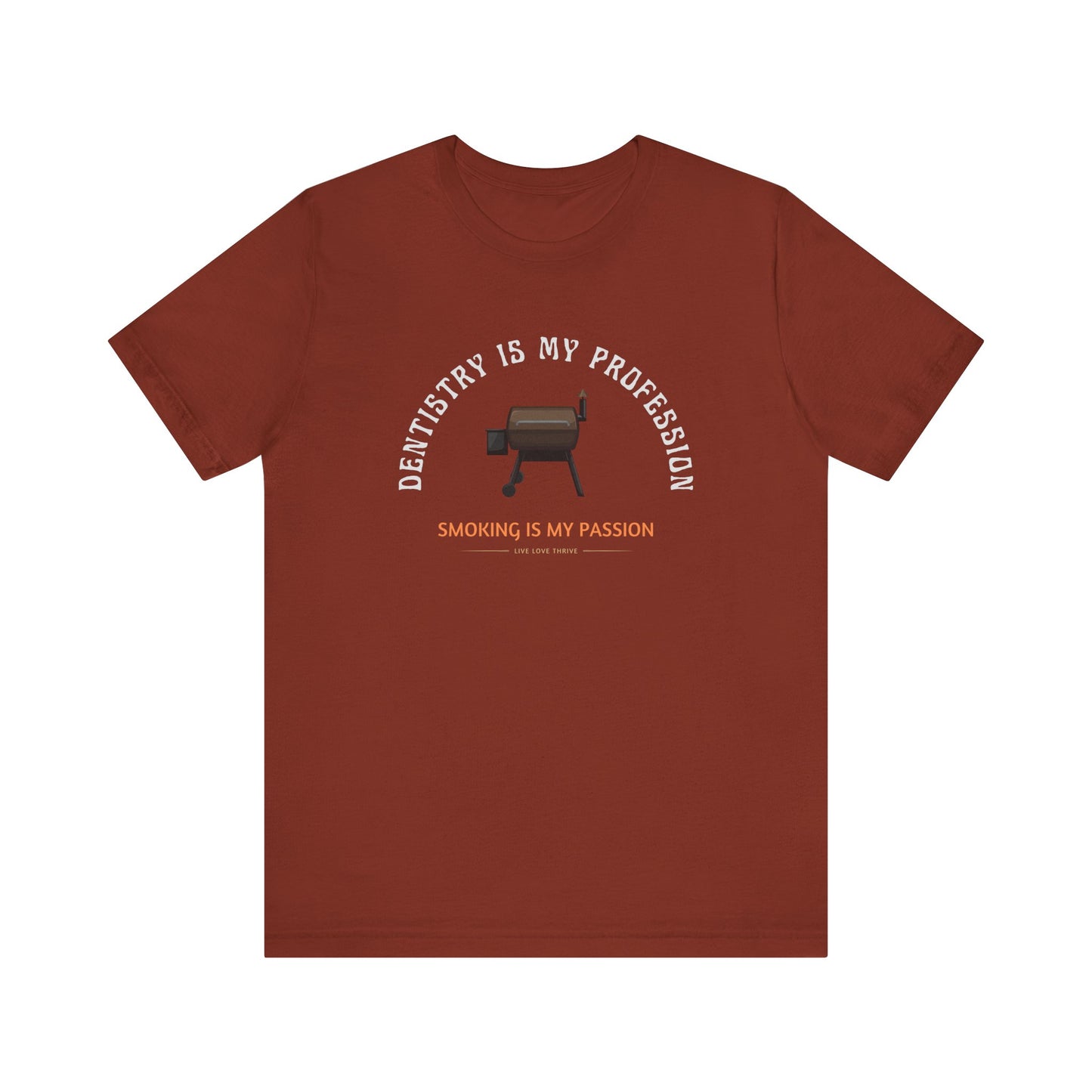 Brown t-shirt with dental-themed graphic and text on a white background