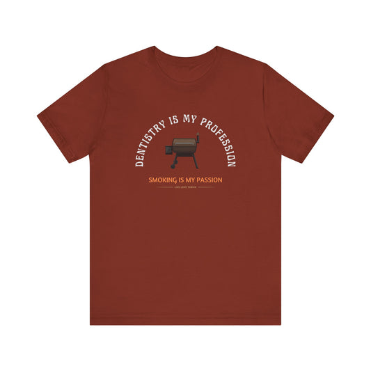 Brown t-shirt with dental-themed graphic and text on a white background