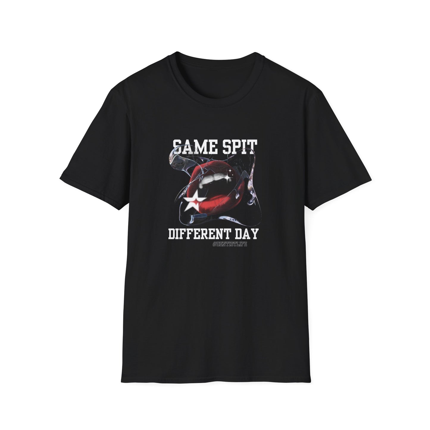 Black t-shirt with graphic design and text on a white background