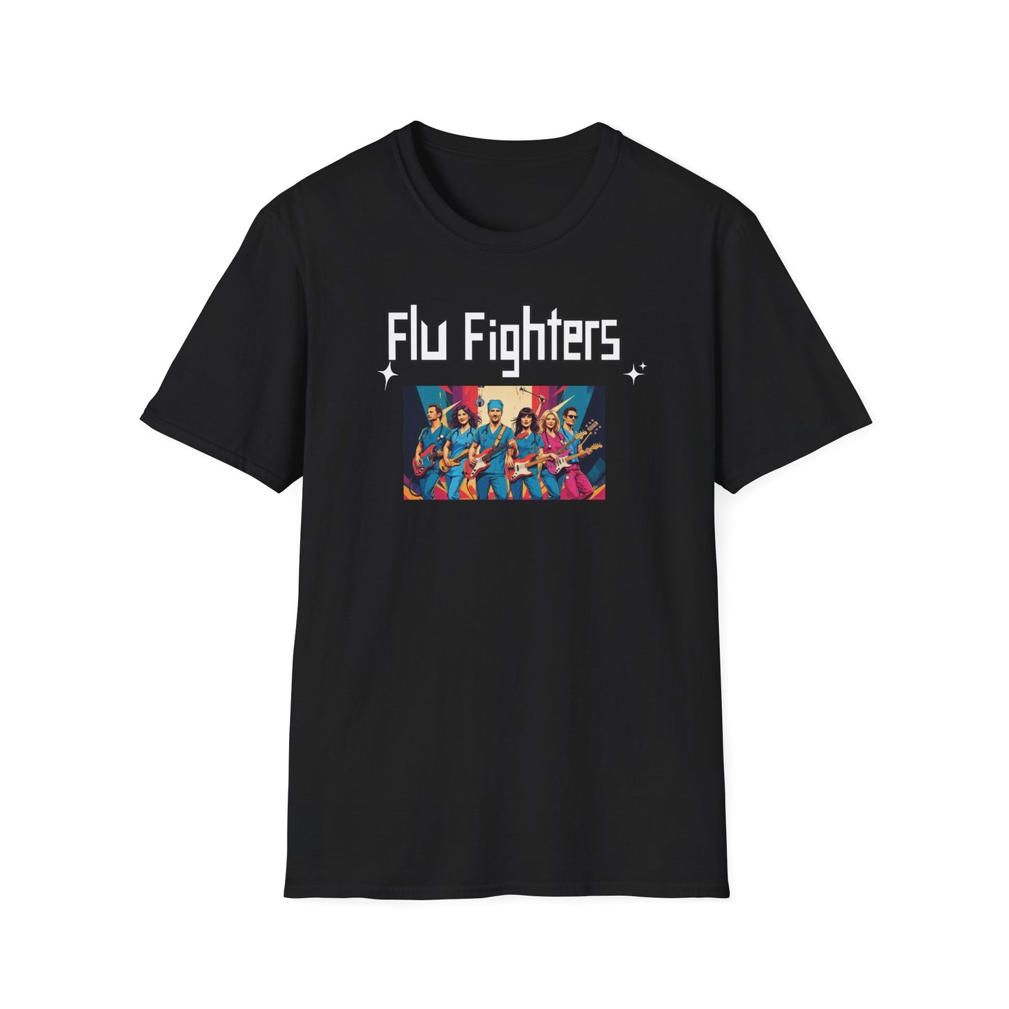 Black t-shirt with 'Flu Fighters' graphic design on a white background