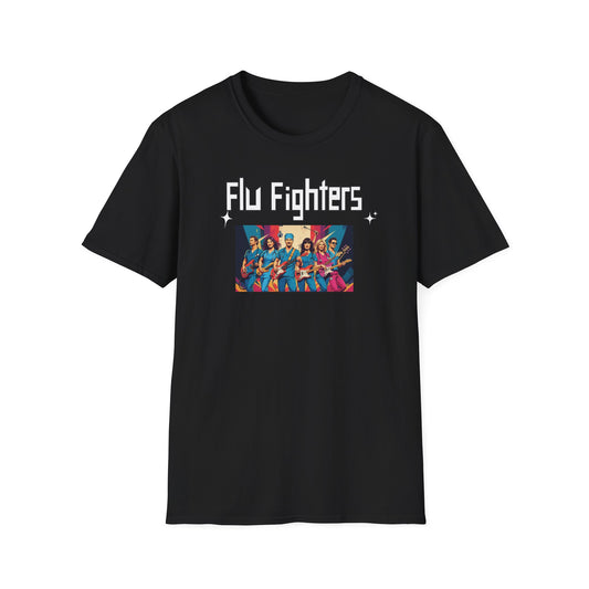 Black t-shirt with 'Flu Fighters' graphic design on a white background