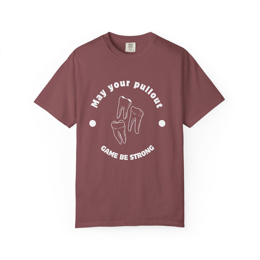 Maroon t-shirt with white graphic and text on a white background