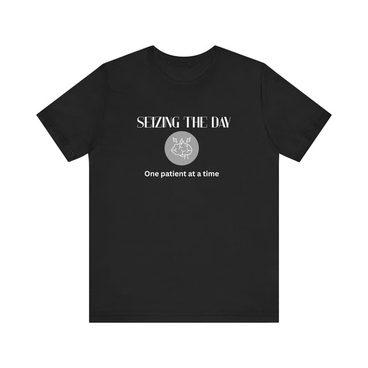 Black t-shirt with white text and graphic on a white background