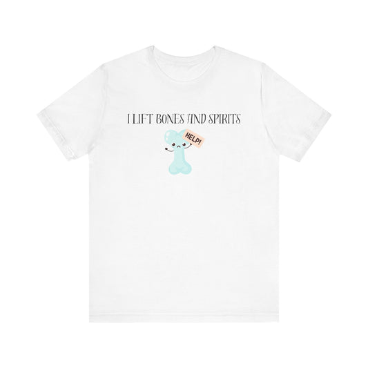 White t-shirt with graphic design and text on a white background