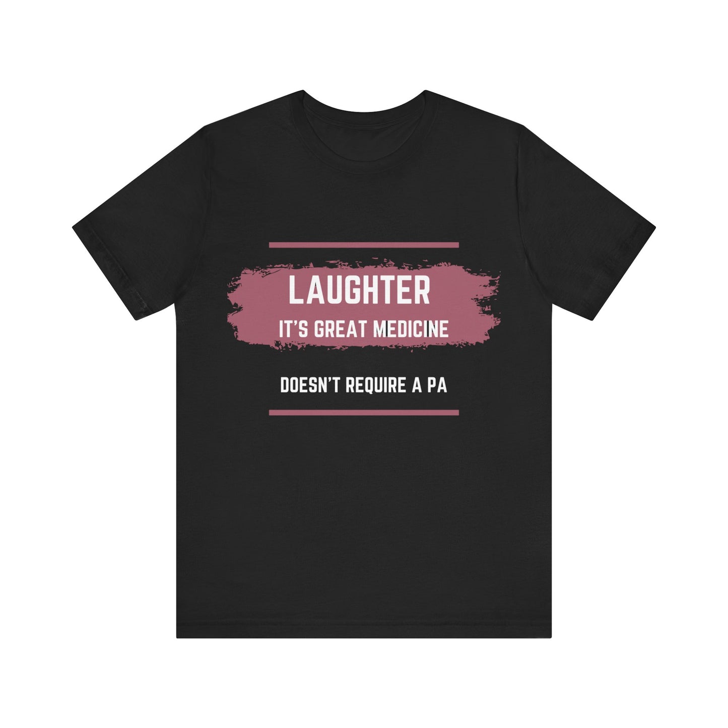 Black t-shirt with pink and white text on a white background