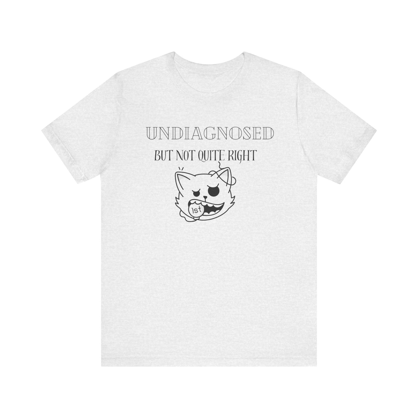 White t-shirt with black text and graphic on a white background