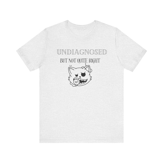 White t-shirt with black text and graphic on a white background