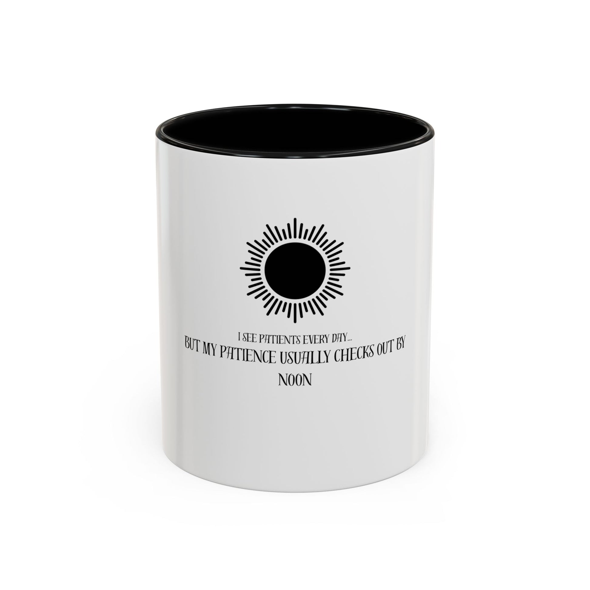 White mug with black interior and sun design on a white background