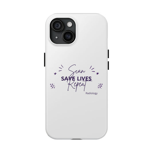 White phone case with 'Scan Save Lives Repeat Radiology' text on a white background