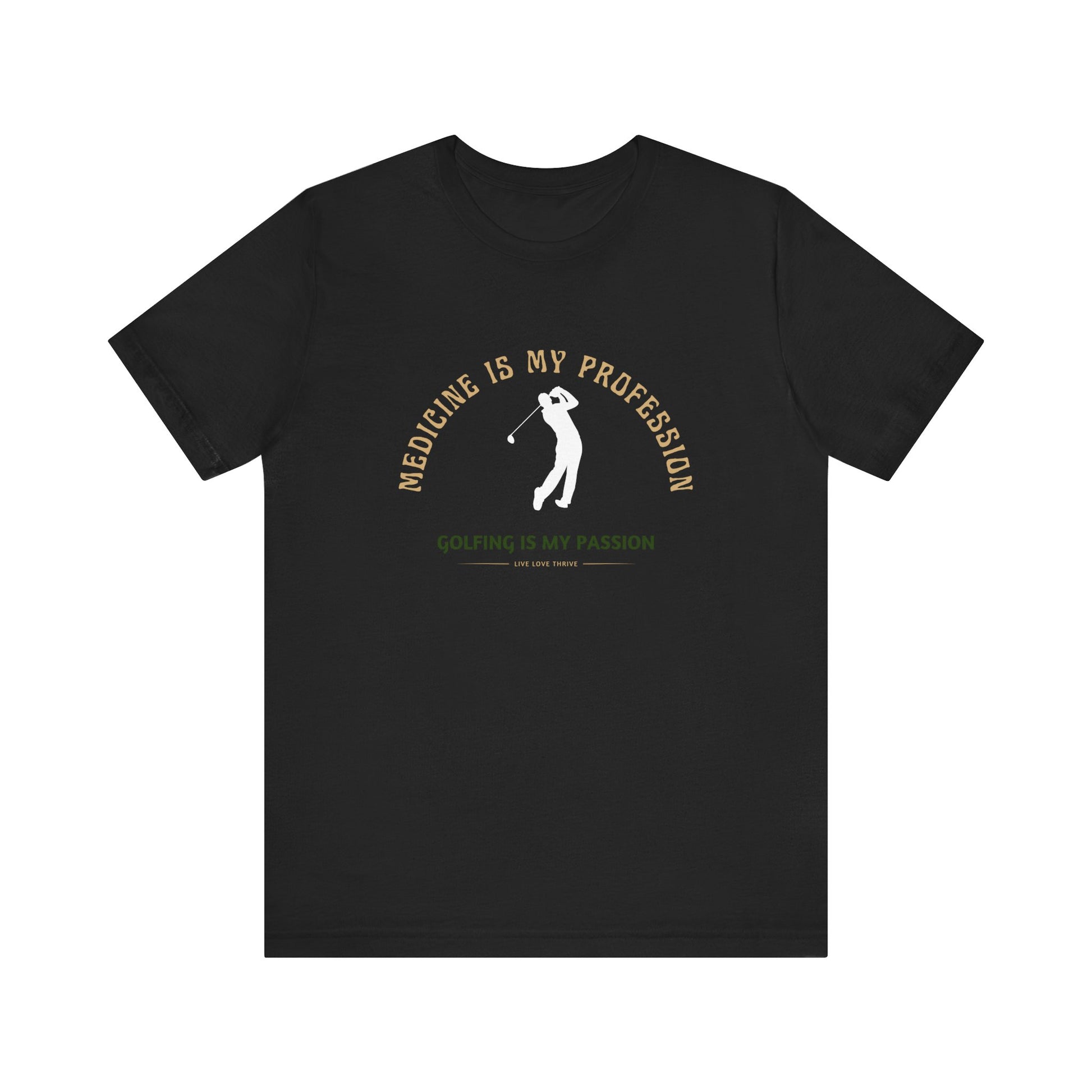 Black t-shirt with a graphic of a golfer and text on a white background