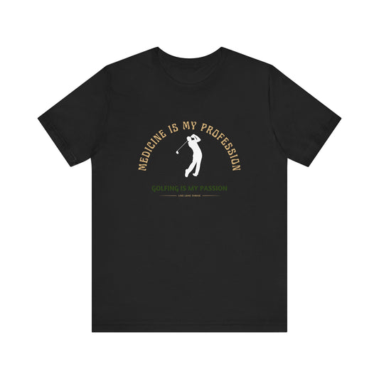 Black t-shirt with a graphic of a golfer and text on a white background