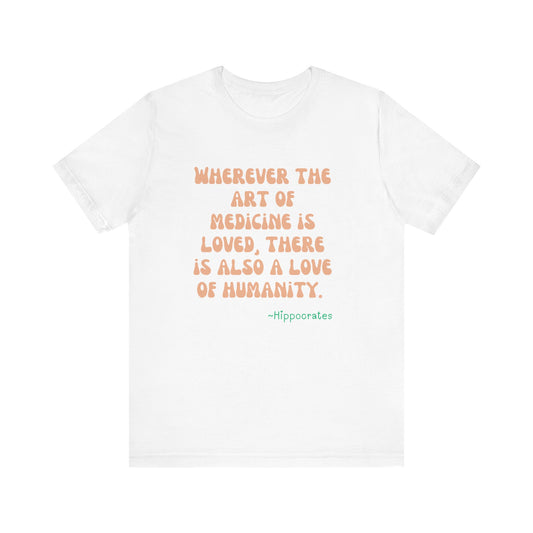 White t-shirt with orange text quote on a white background