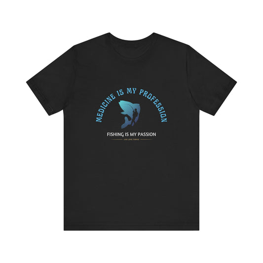 Black t-shirt with blue and white graphic and text on a white background