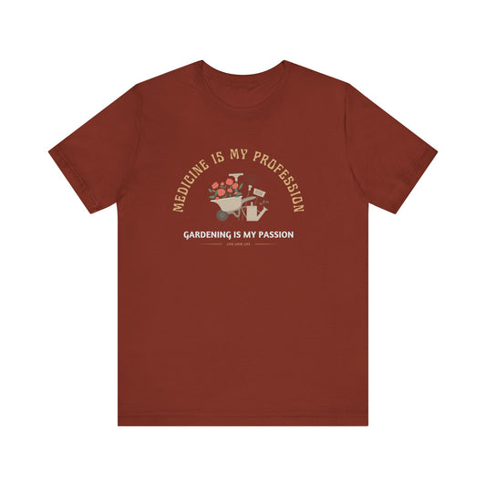 Brown t-shirt with graphic design and text on a white background