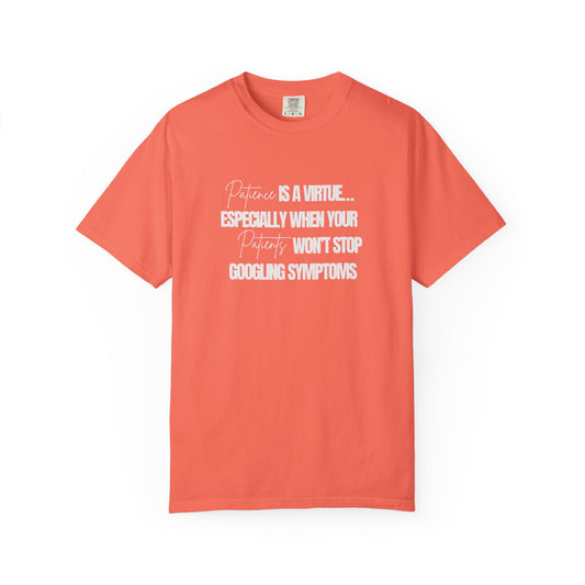 Coral t-shirt with white text on a white background