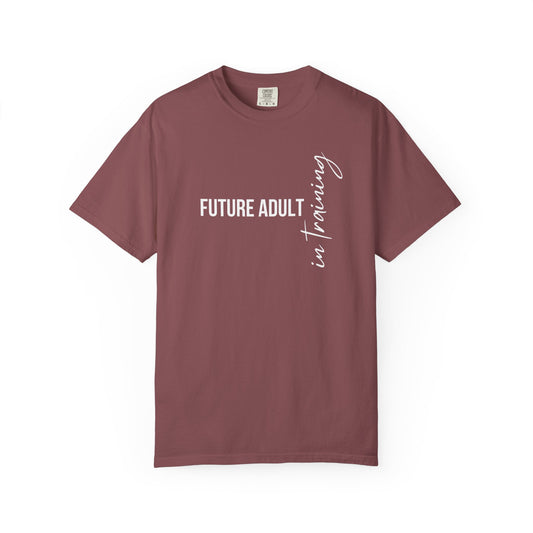 Maroon t-shirt with 'Future Adult in Training' text on a white background