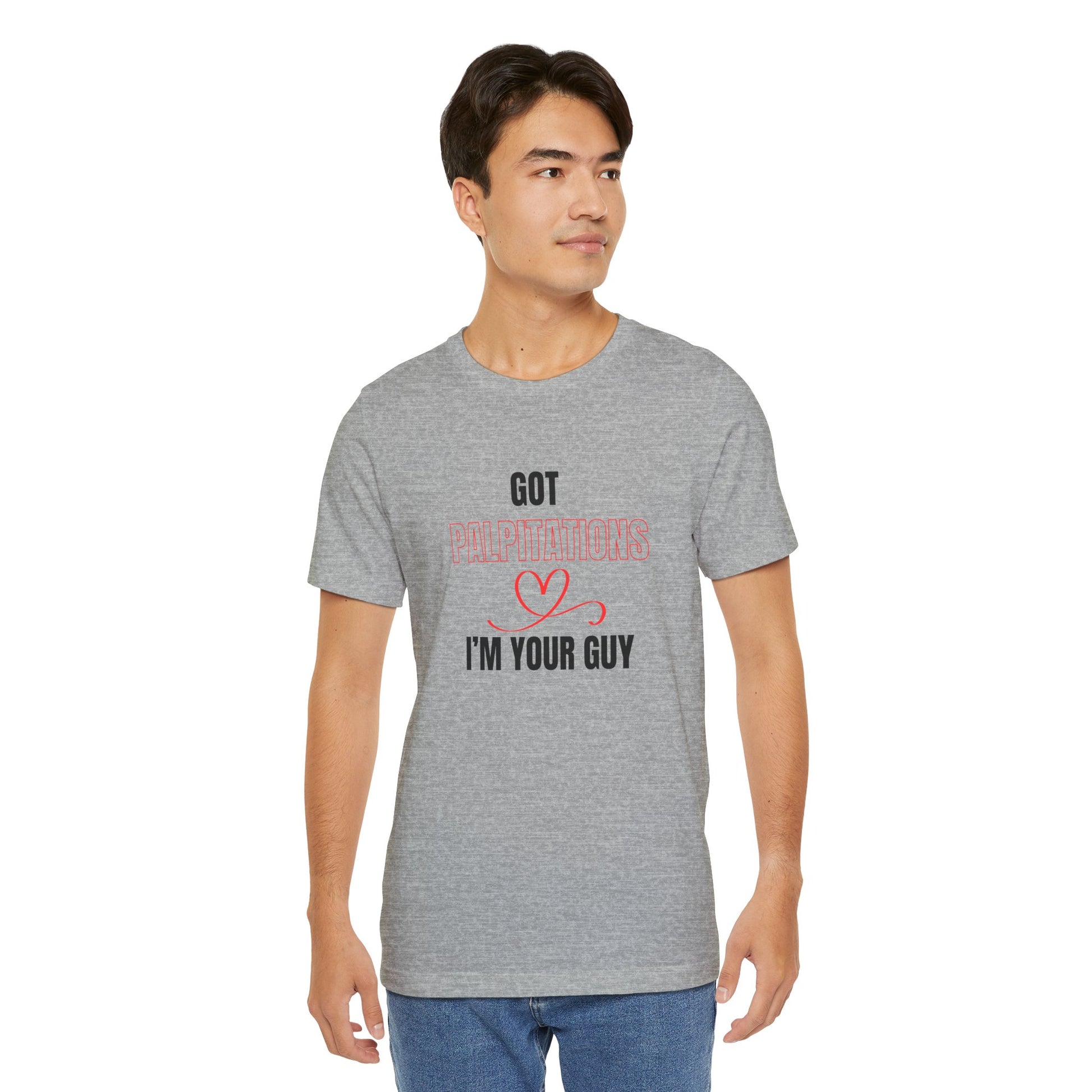 Man wearing a gray t-shirt with text on a white background