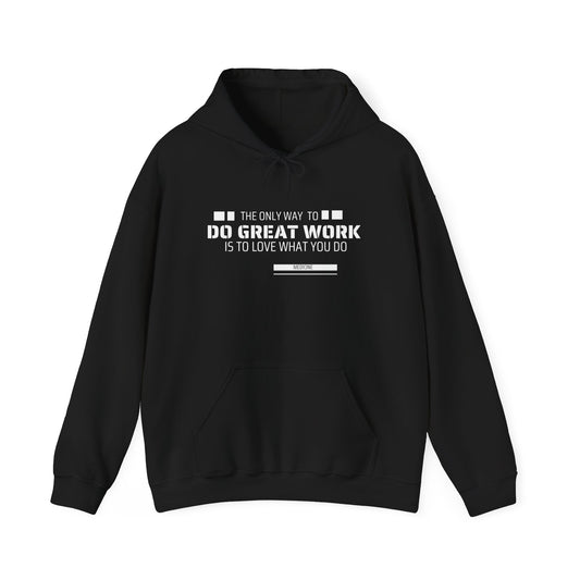 Black hoodie with white text on a white background