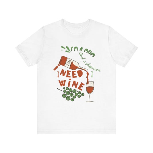 White t-shirt with humorous wine-themed graphic and text on a white background
