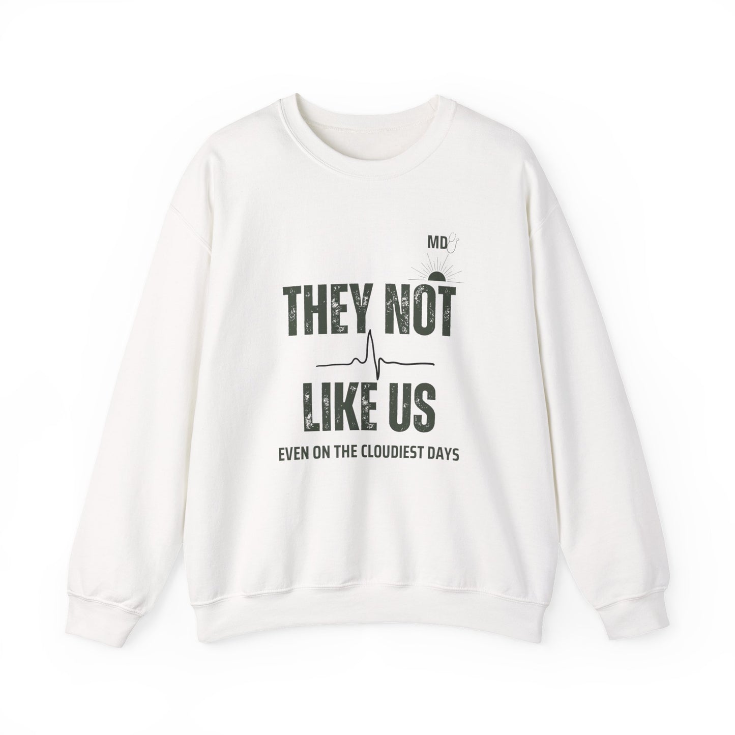 White sweatshirt with black text and design on a white background