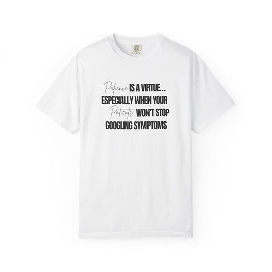 White t-shirt with black text on a white background