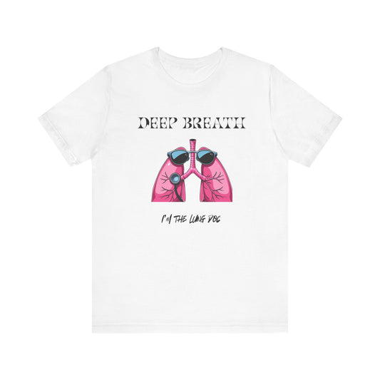 White t-shirt with pink lungs graphic and text on a white background