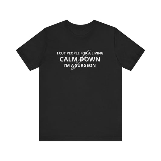 Black t-shirt with white text on a white background