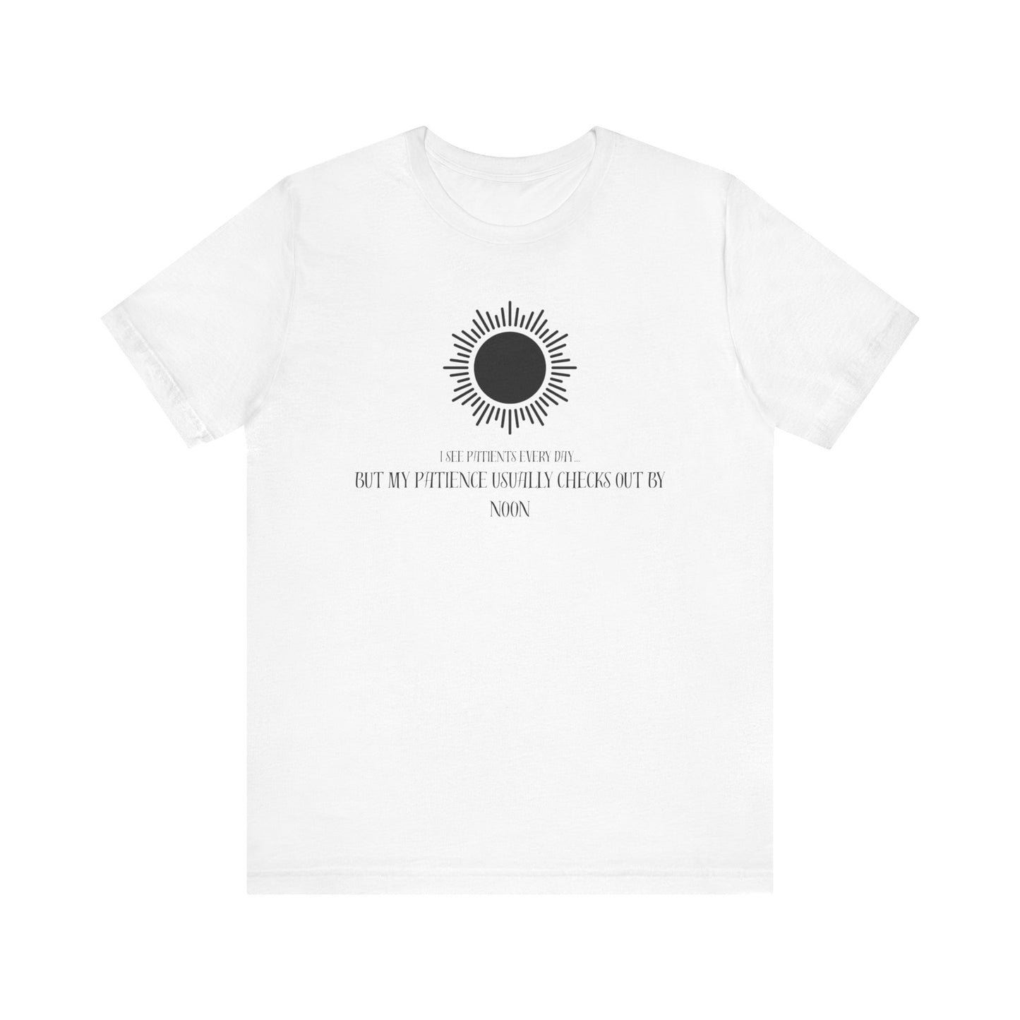White t-shirt with black graphic and text on a white background