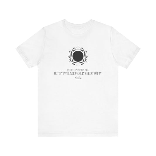 White t-shirt with black graphic and text on a white background