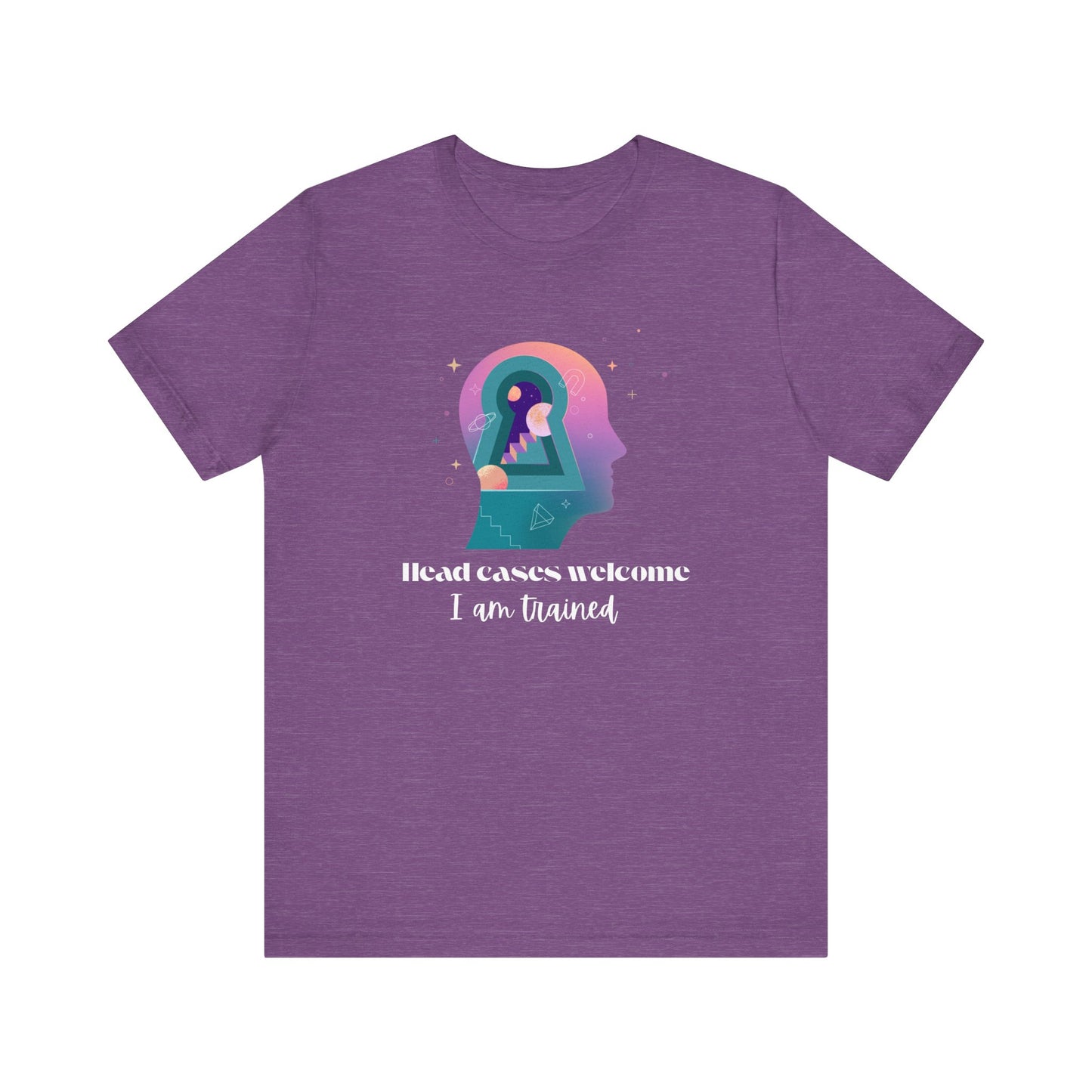 Purple t-shirt with a graphic design and text on a white background
