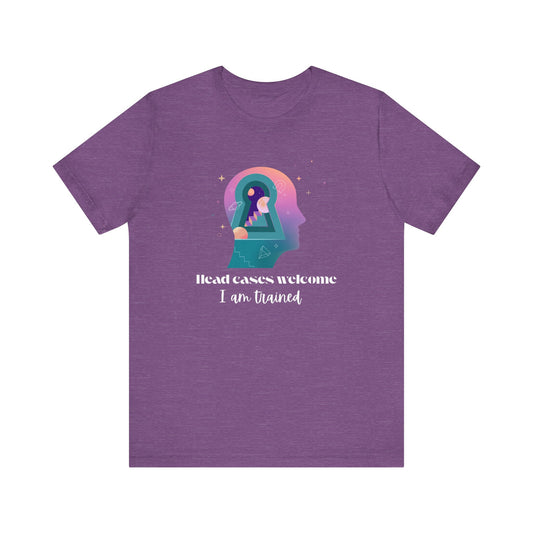 Purple t-shirt with a graphic design and text on a white background