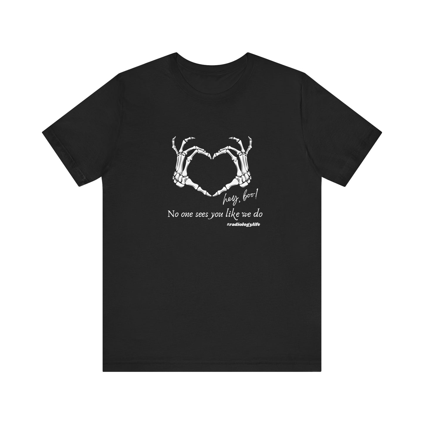 Black t-shirt with white graphic and text on a white background