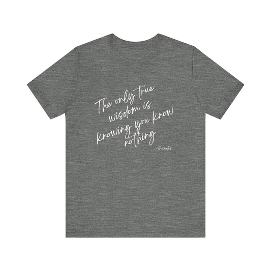 Gray t-shirt with white text on a white background