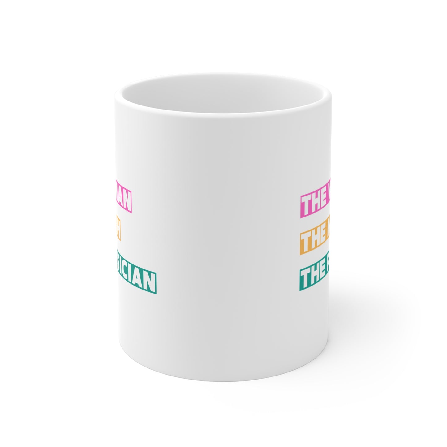White mug with colorful text on a white background
