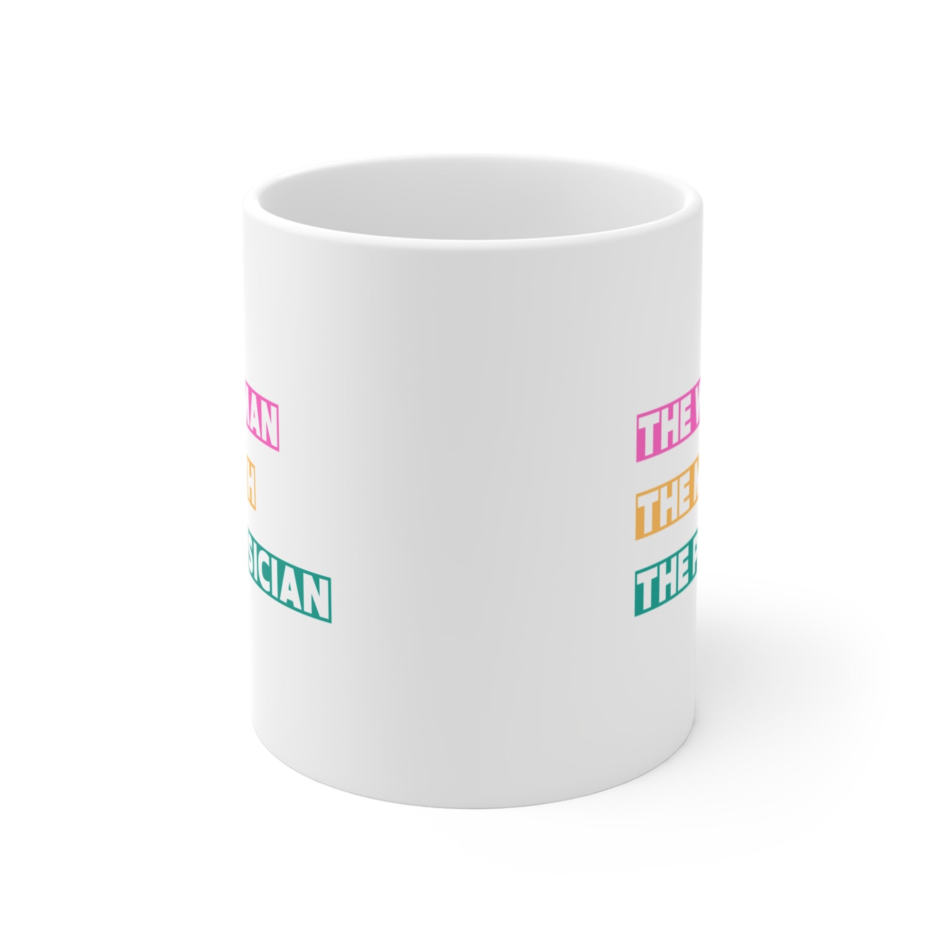 White mug with colorful text on a white background