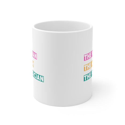White mug with colorful text on a white background
